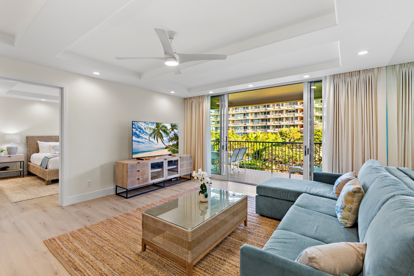 Open, airy living area designed for effortless island relaxation. A comfortable space to gather, unwind, and enjoy every moment of your Maui getaway.