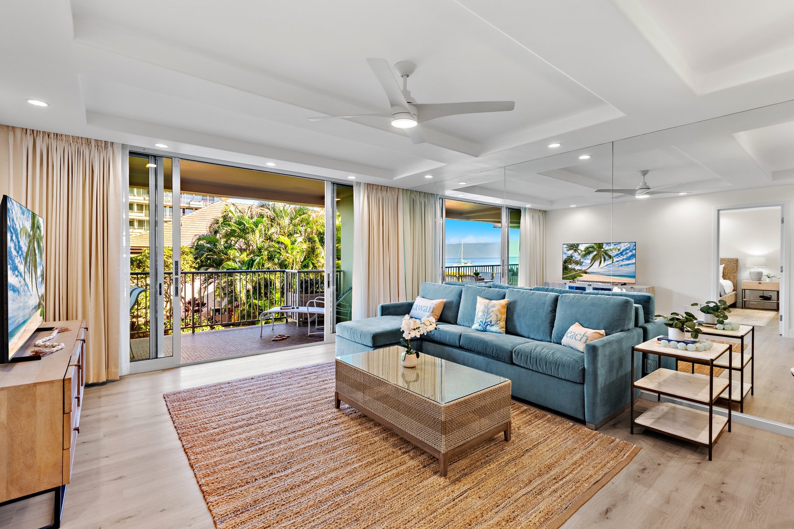 Spacious living area featuring a comfortable pull-out sofa sleeper