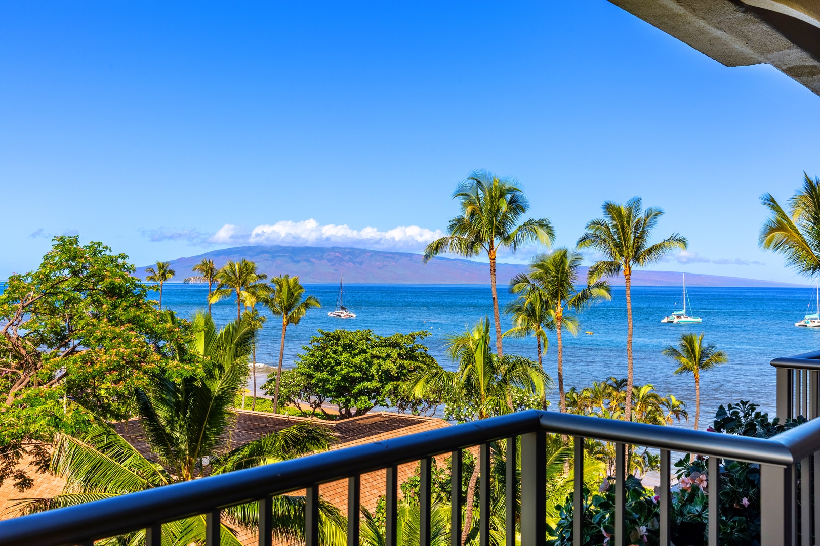 Breathtaking oceanview panorama with swaying palms, sailboats drifting on turquoise waters, and distant mountain vistas framing your tropical getaway under endless blue skies.