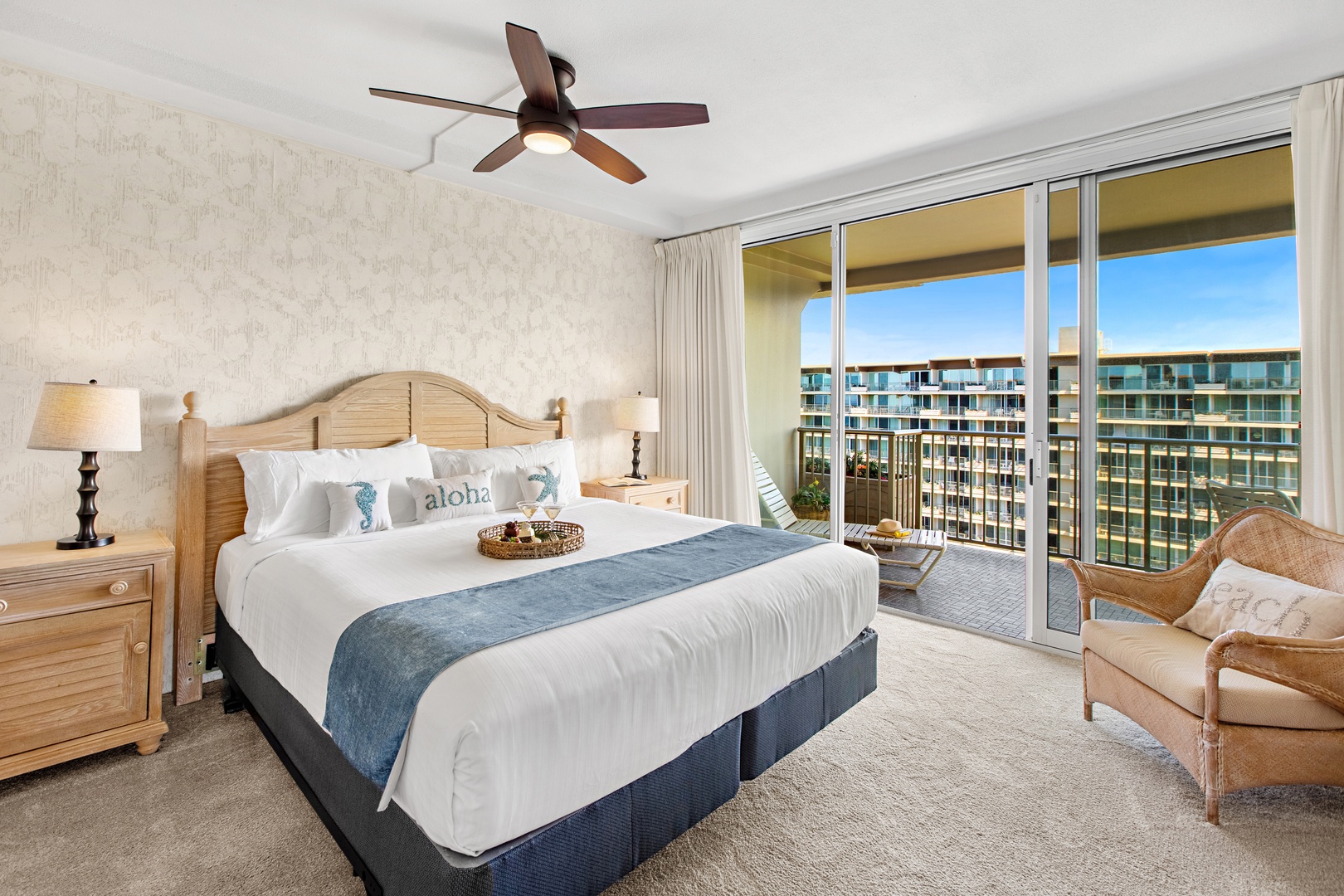 Unwind in your coastal-inspired bedroom, where a plush king bed and breezy balcony invite you to relax. Step outside for fresh air and city views, surrounded by soothing seaside touches.
