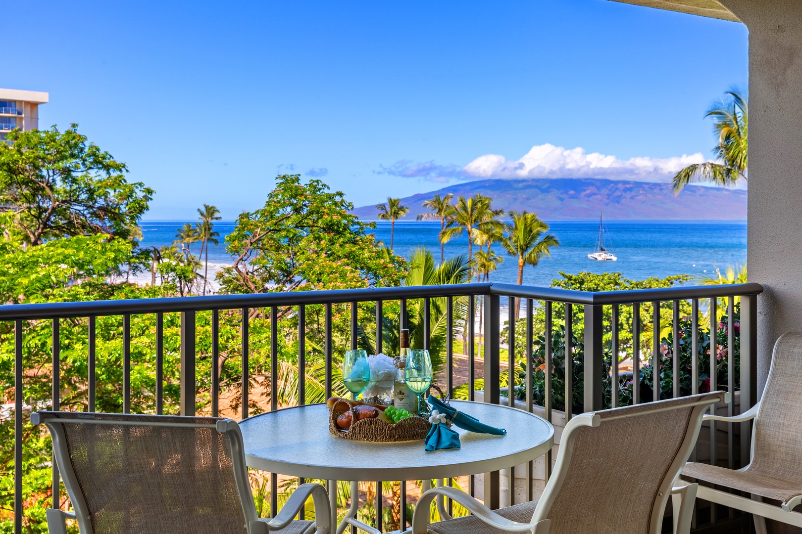 Scenic oceanview balcony overlooking tropical coastline with distant mountain views and calm blue waters, framed by lush palm trees and greenery.