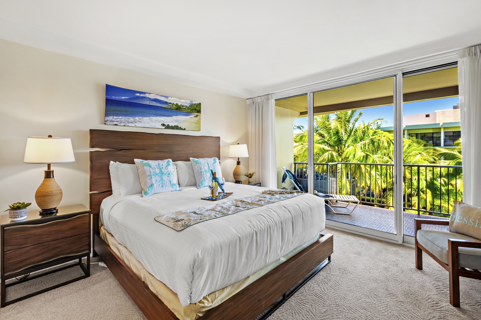 Spacious island-inspired retreat featuring a comfortable king-size bed, rich wood furnishings, cozy tropical accents, and a bright inviting bedroom space.