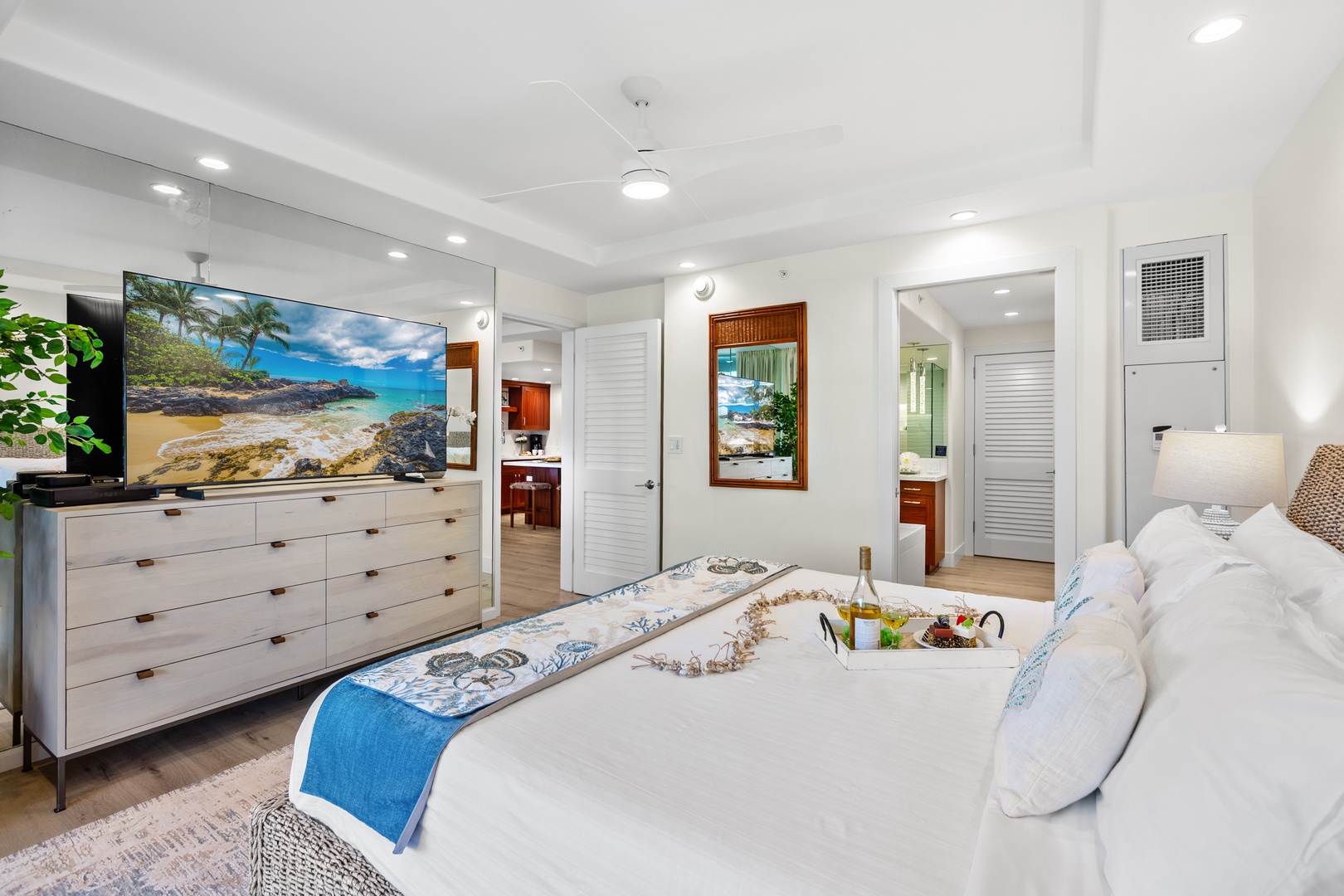 Sink into a plush king-size bed designed for ultimate comfort. Soft linens, cloud-like pillows, and a cozy, inviting feel to make it the perfect place to unwind after a day in paradise.
