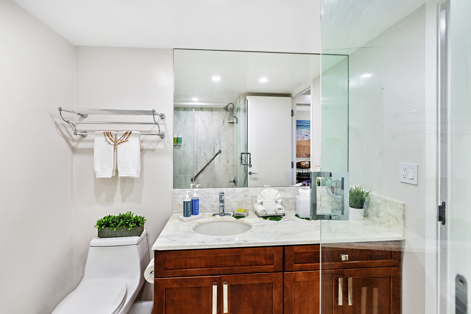 A private master bathroom designed for comfort and relaxation. Featuring elegant finishes, a spacious layout, and a calming atmosphere to start and end your day in island style