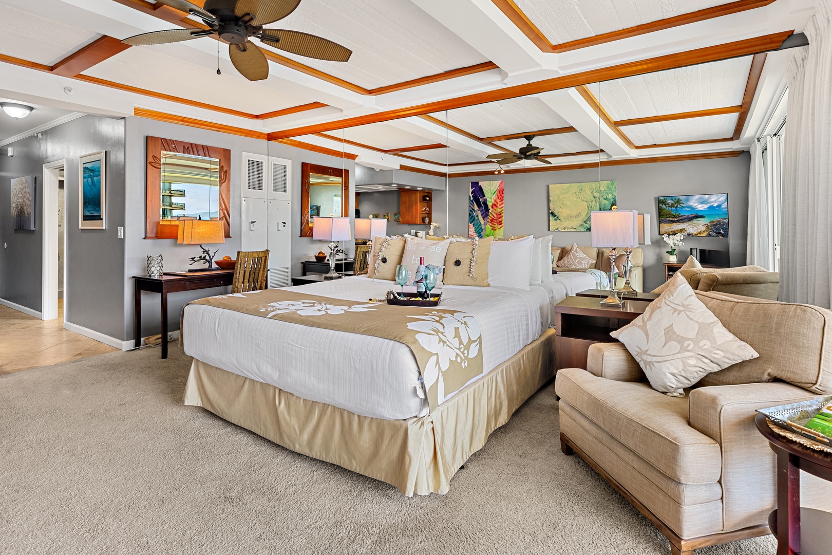 Soft linens, cloud-like pillows, and a cozy, inviting feel equppied with a King Bed make it the perfect place to unwind after a day in paradise.