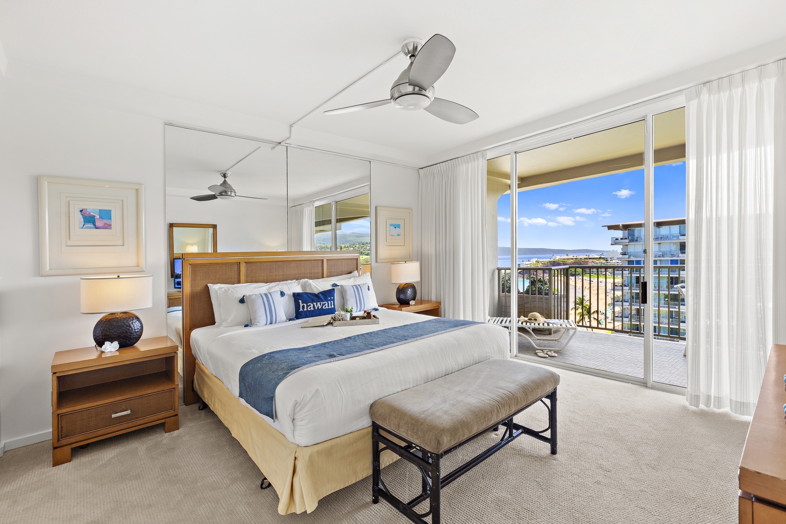 Wake up to sparkling ocean views from your peaceful bedroom retreat, where sliding glass doors open to your private balcony overlooking the harbor.