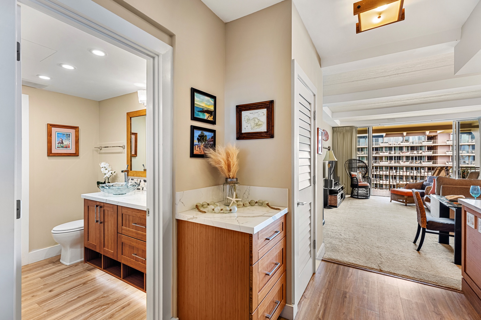 Step into your luxurious bathroom with elegant vessel sink and rich wood cabinetry, where every detail reflects sophisticated comfort for your getaway.