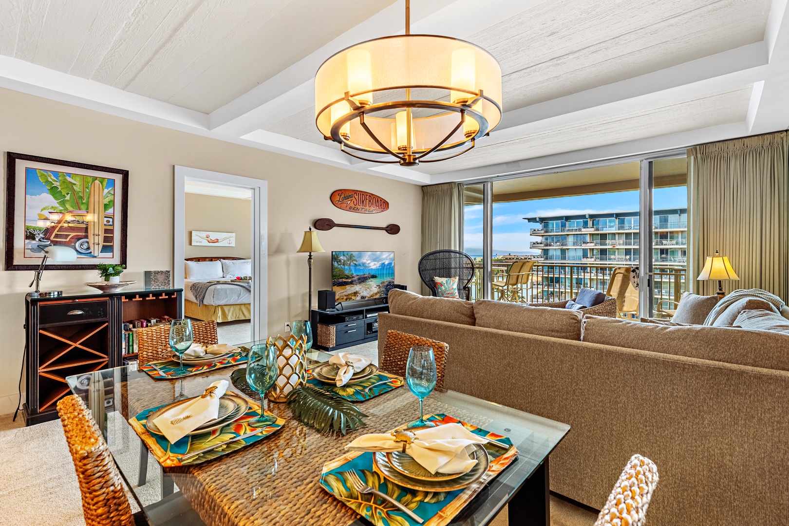 Relax in your elegant living space where coastal charm meets modern comfort, complete with stunning ocean views from your private balcony.
