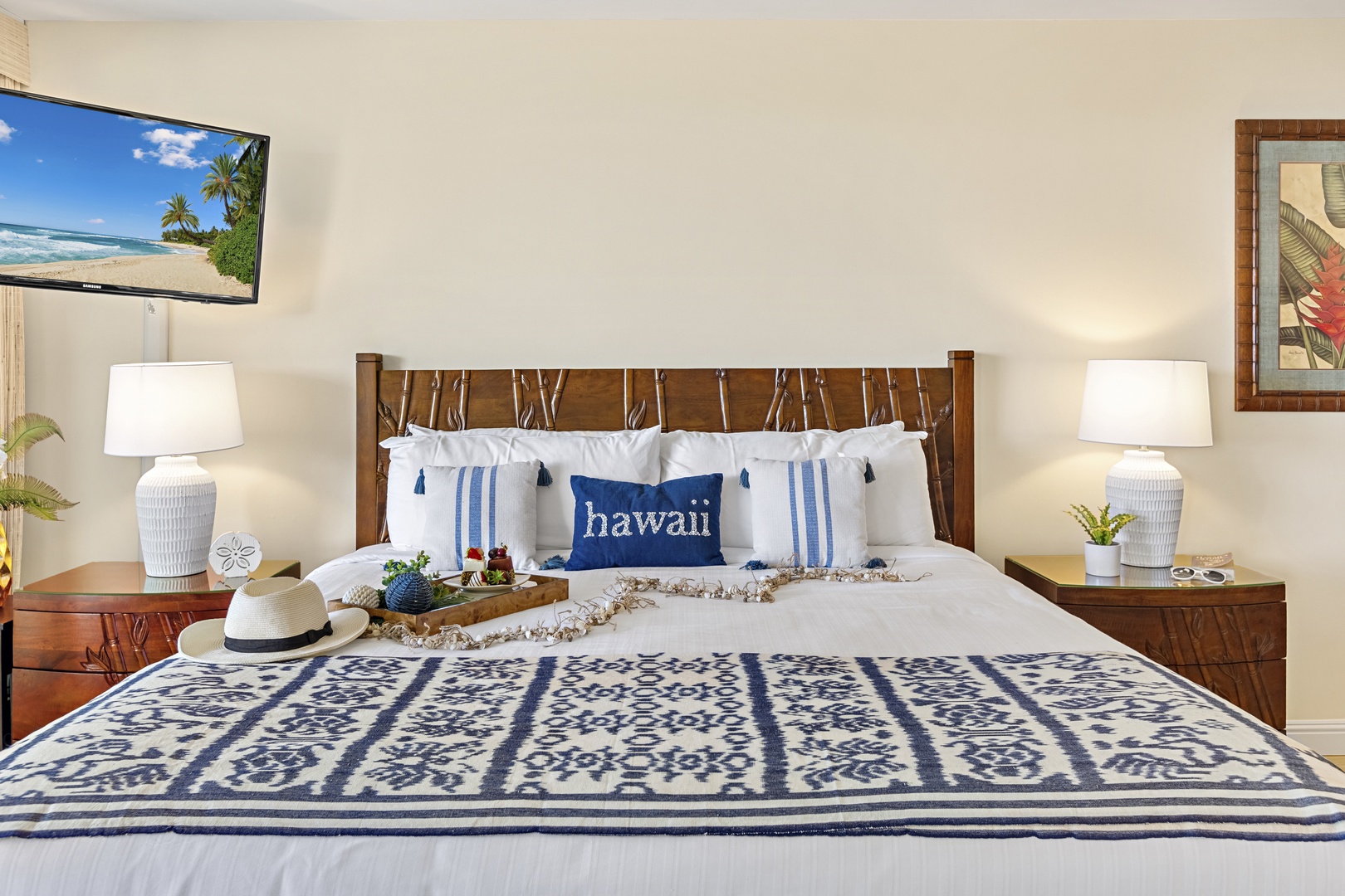 Drift into island dreams in your Hawaiian-themed bedroom, where tropical touches and cozy linens create the perfect beachside retreat.