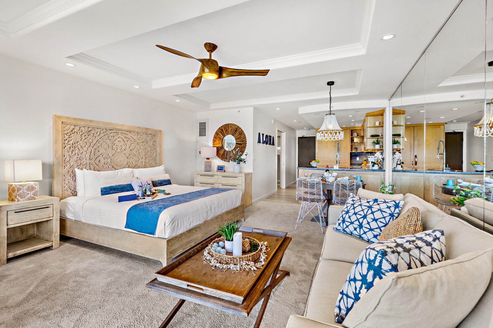 Unwind in your spacious suite with plush bedding, a cozy seating area, and an open-concept kitchen—your perfect home away from home awaits.