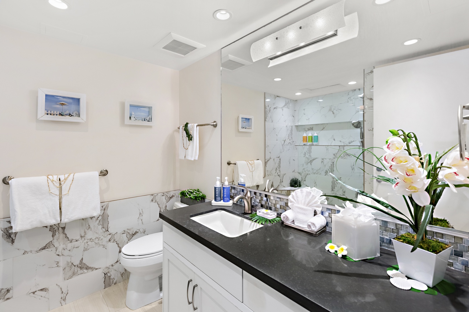 Elegant guest bathroom featuring a sleek vanity with dark countertop, modern lighting, and a glass-enclosed shower.