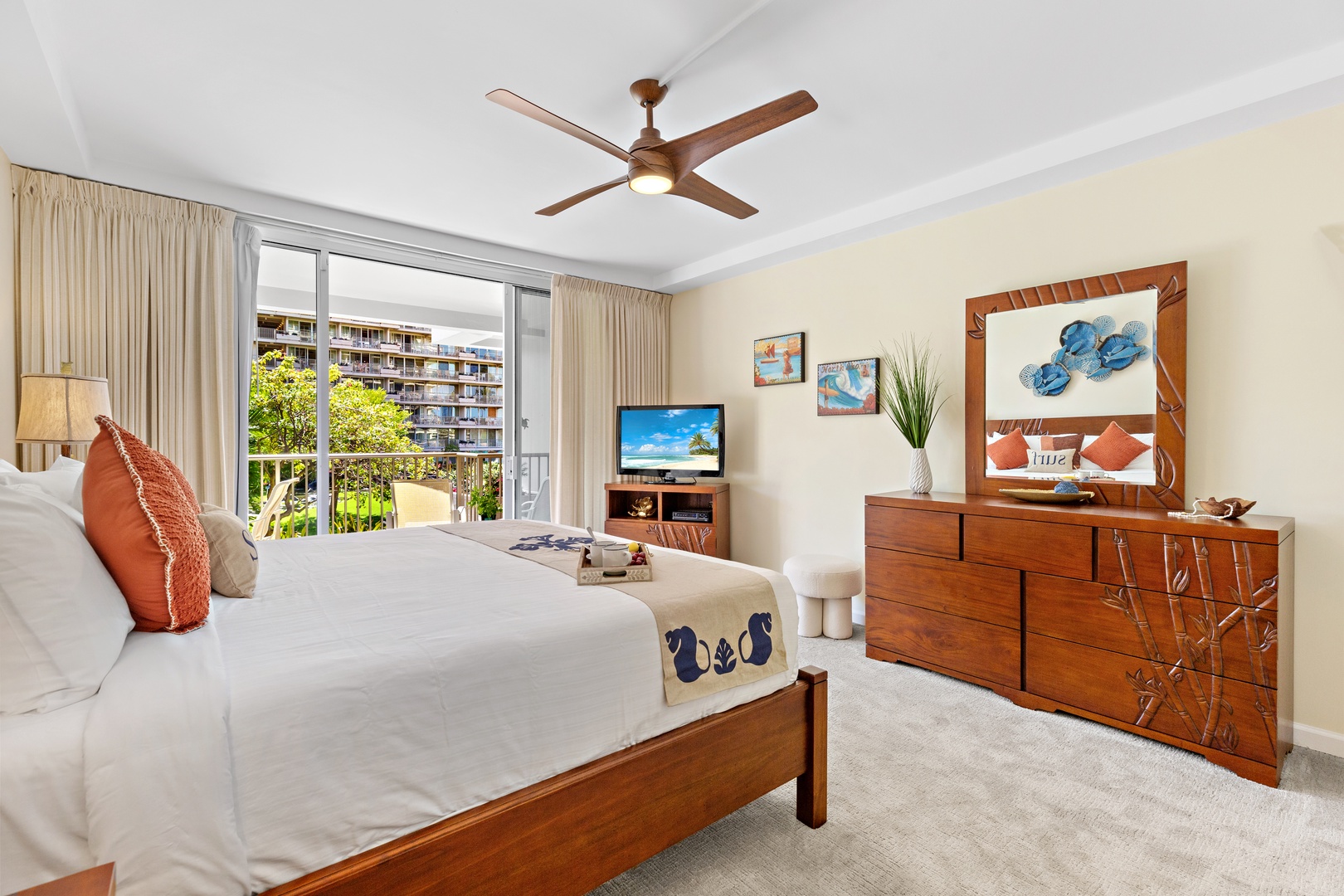 Sink into a plush king-size bed designed for ultimate comfort. Soft linens, cloud-like pillows, and a cozy, inviting feel to make it the perfect place to unwind after a day in paradise.