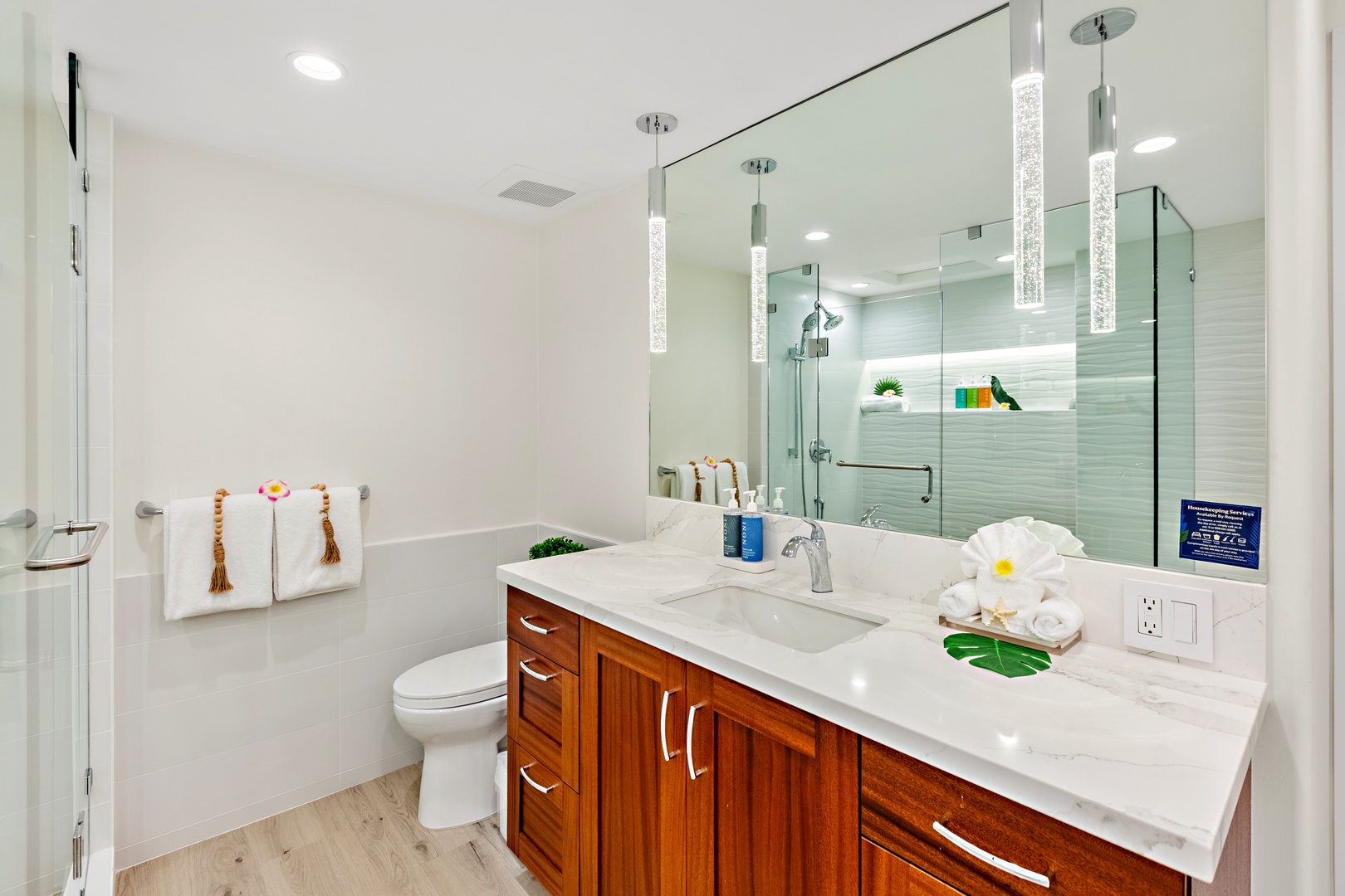 A private master bathroom designed for comfort and relaxation. Featuring elegant finishes, a spacious layout, and a calming atmosphere to start and end your day in island style.