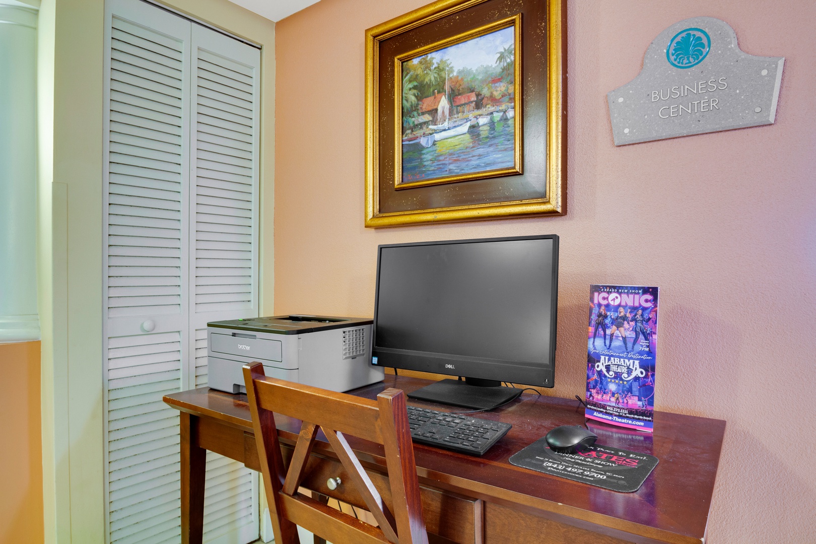 This designated business center offers a quiet workspace with a computer, printer, and comfortable seating—perfect for handling emails or planning your next adventure.
