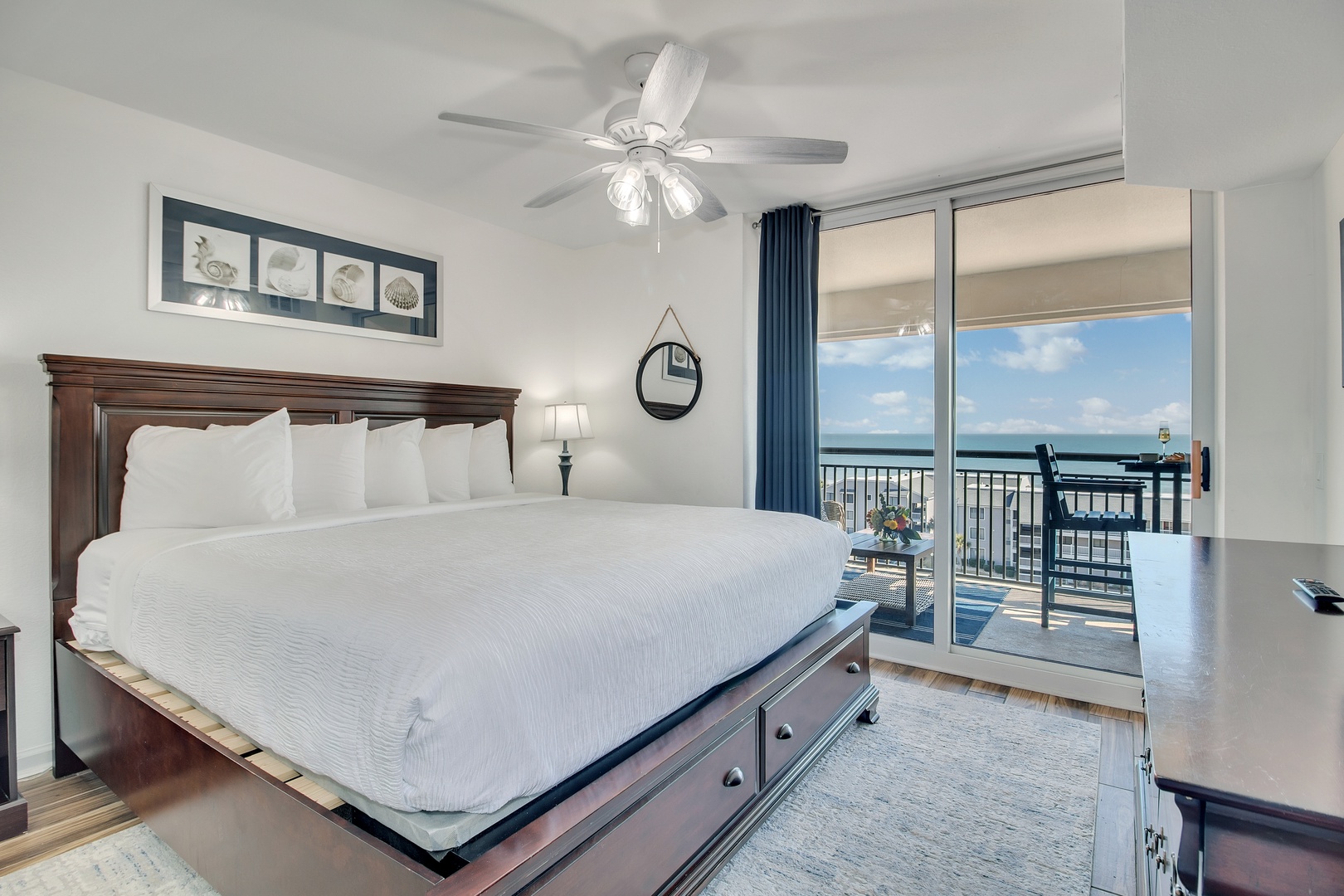 Wake up to stunning ocean views from your comfortable king bed, with direct balcony access to enjoy morning coffee overlooking the sparkling sea.