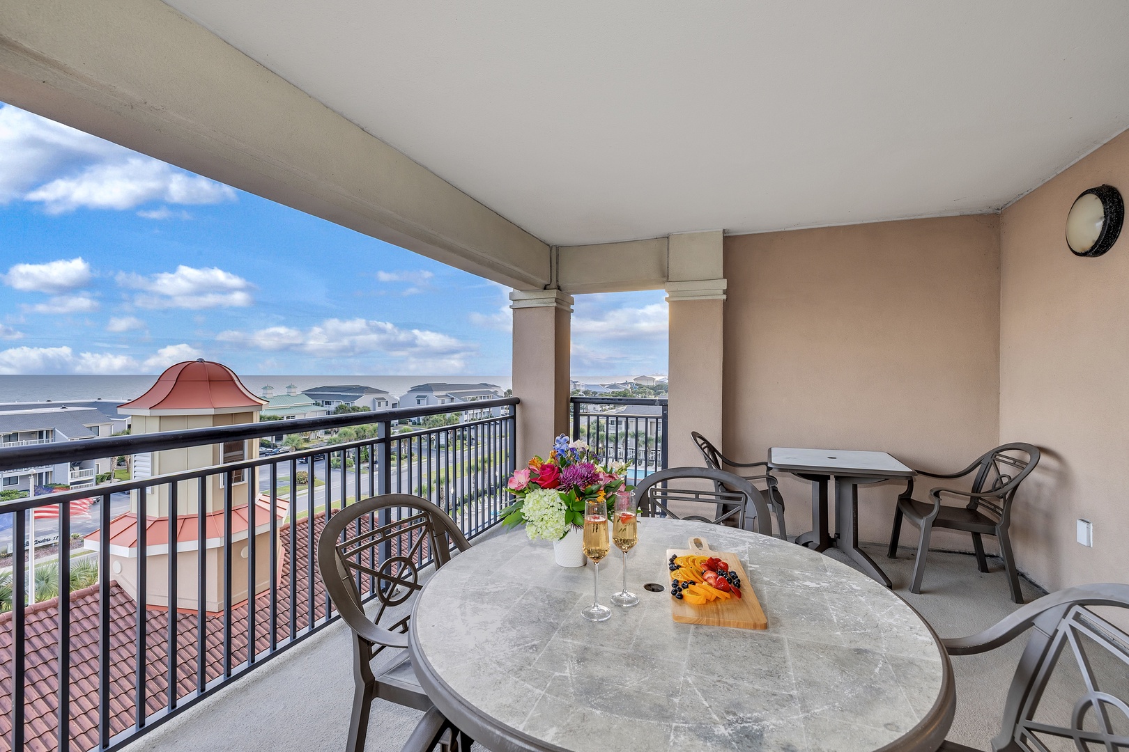 Settle into your private balcony with morning coffee or evening appetizers as you take in sweeping water views. Multiple seating areas give everyone their favorite spot to unwind.