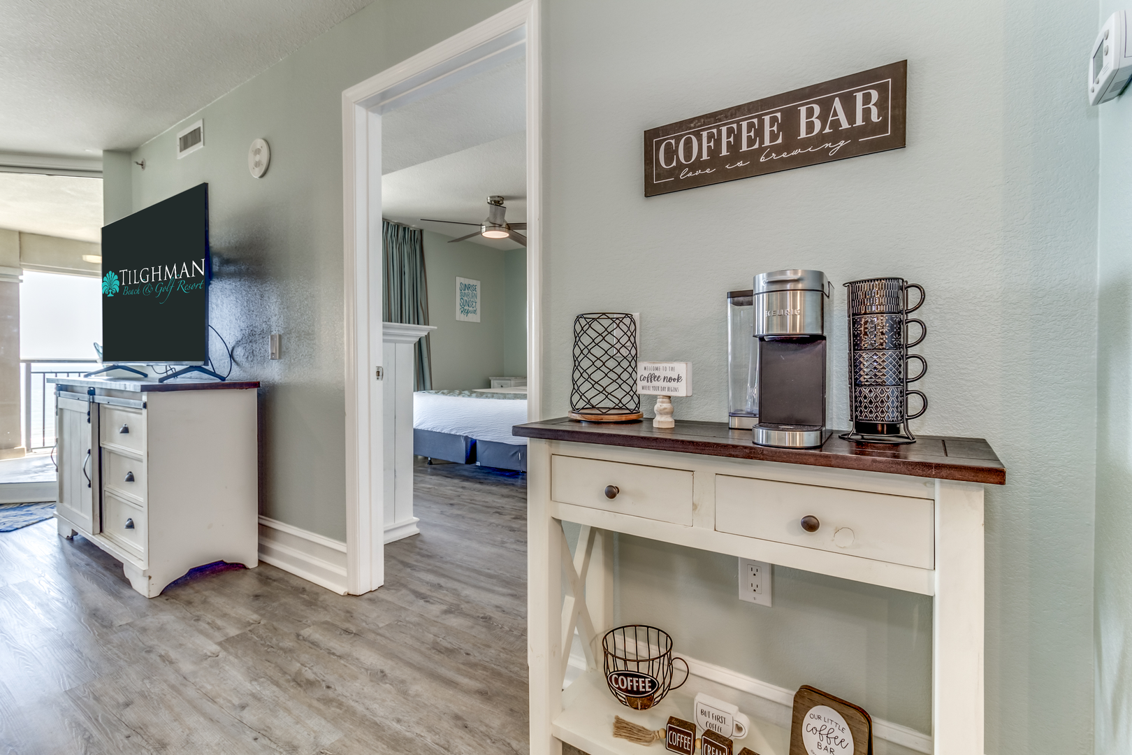 Coffee Bar with view into Primary Bedroom