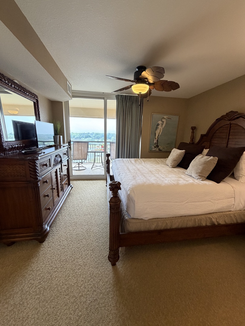 Relax in your comfortable bedroom with quality furnishings, soft bedding, and entertainment options including a foosball table for friendly games.