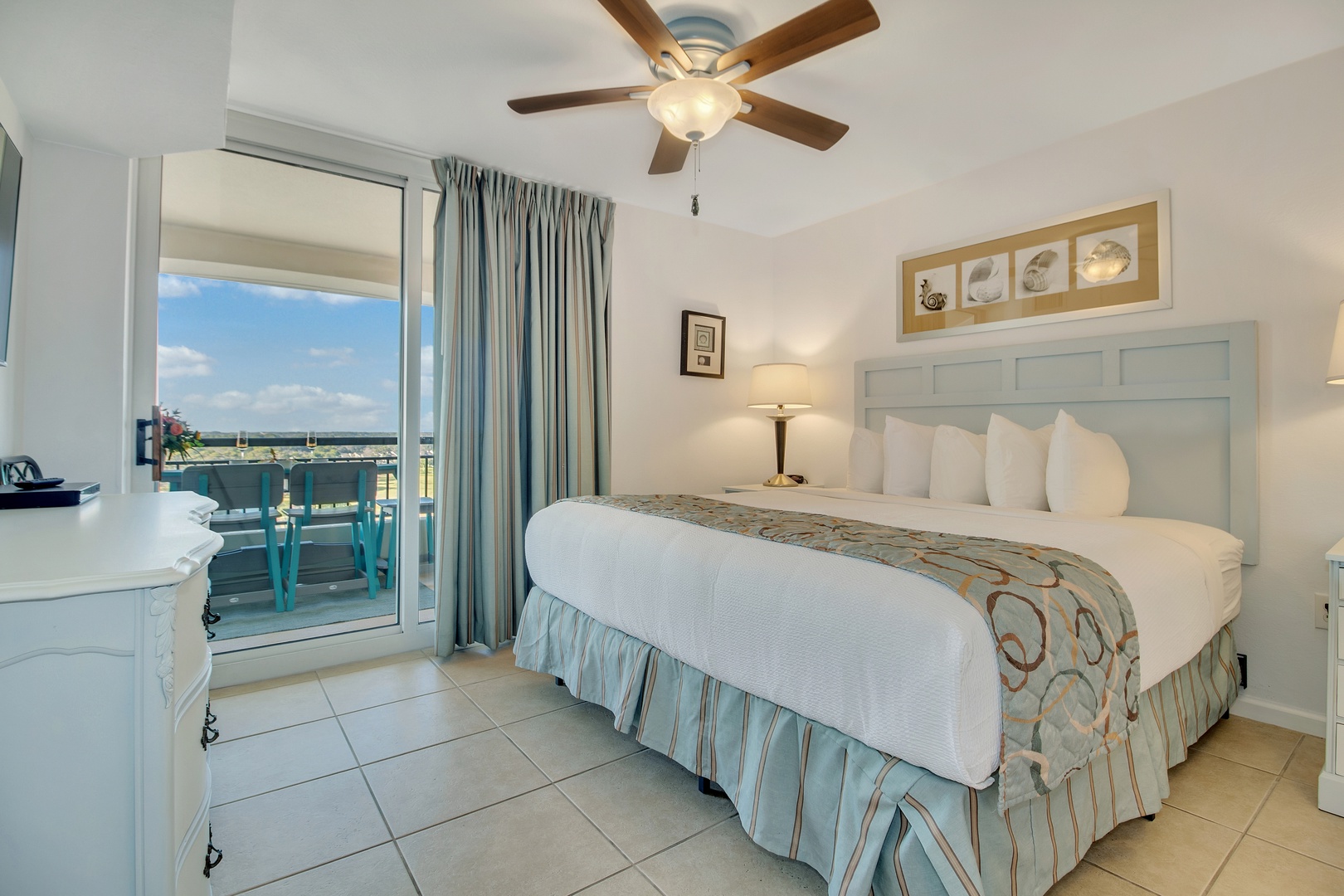 Drift off in your coastal retreat with crisp linens and a private balcony overlooking stunning water views.