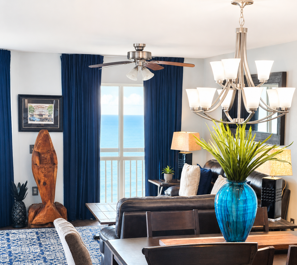 Unwind in your stylish living space with stunning sea views, elegant coastal décor, and thoughtful touches that make every moment feel like a beach vacation.