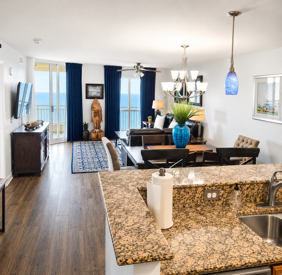Enjoy your open-concept retreat with sea breezes and sparkling ocean views. The thoughtfully designed living space blends comfort and elegance—perfect for unwinding after a day at the beach.