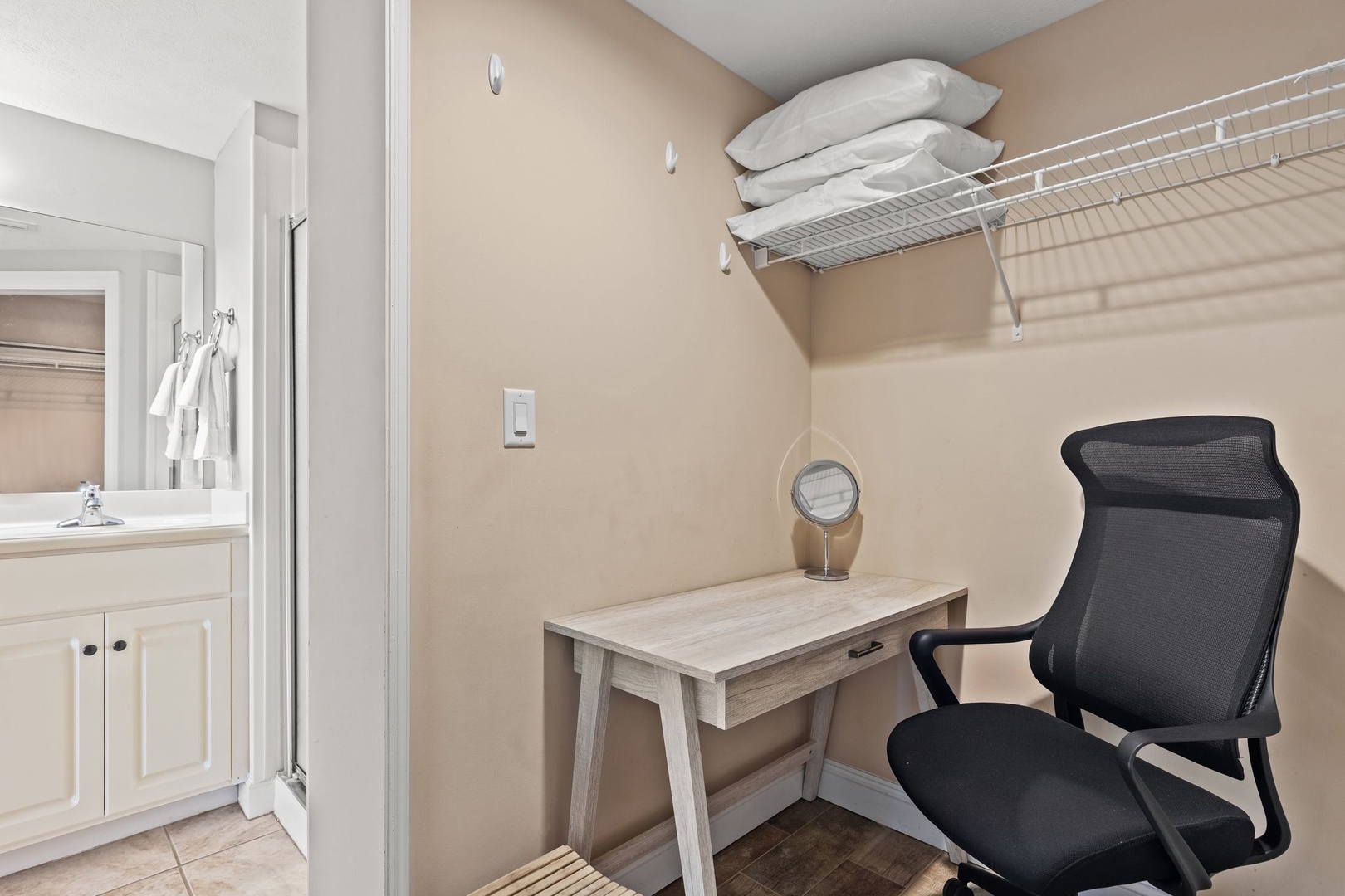 Your dedicated workspace awaits with a comfortable desk, ergonomic chair, and thoughtful storage—perfect for staying productive while away from home.