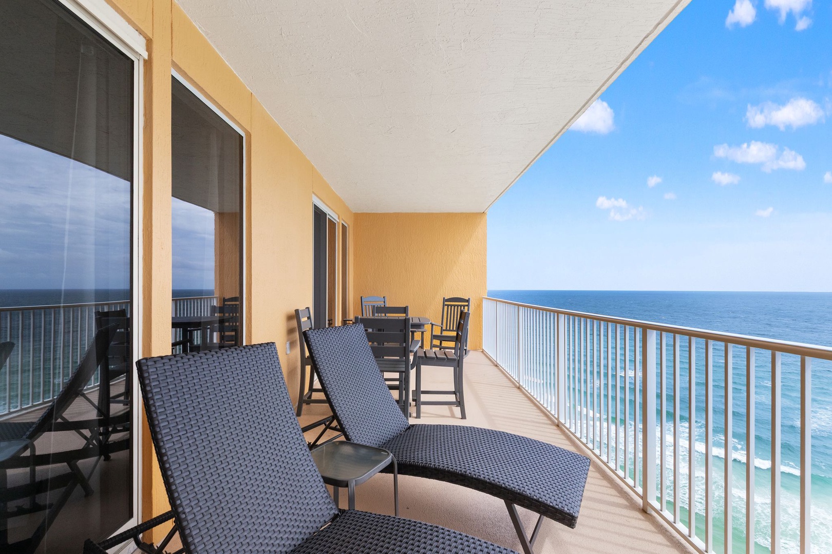 Relax on your private balcony with breathtaking sea views, perfect for morning coffee or watching waves roll in. Two loungers and dining seating invite you to soak up sunshine and ocean breezes throughout your stay.