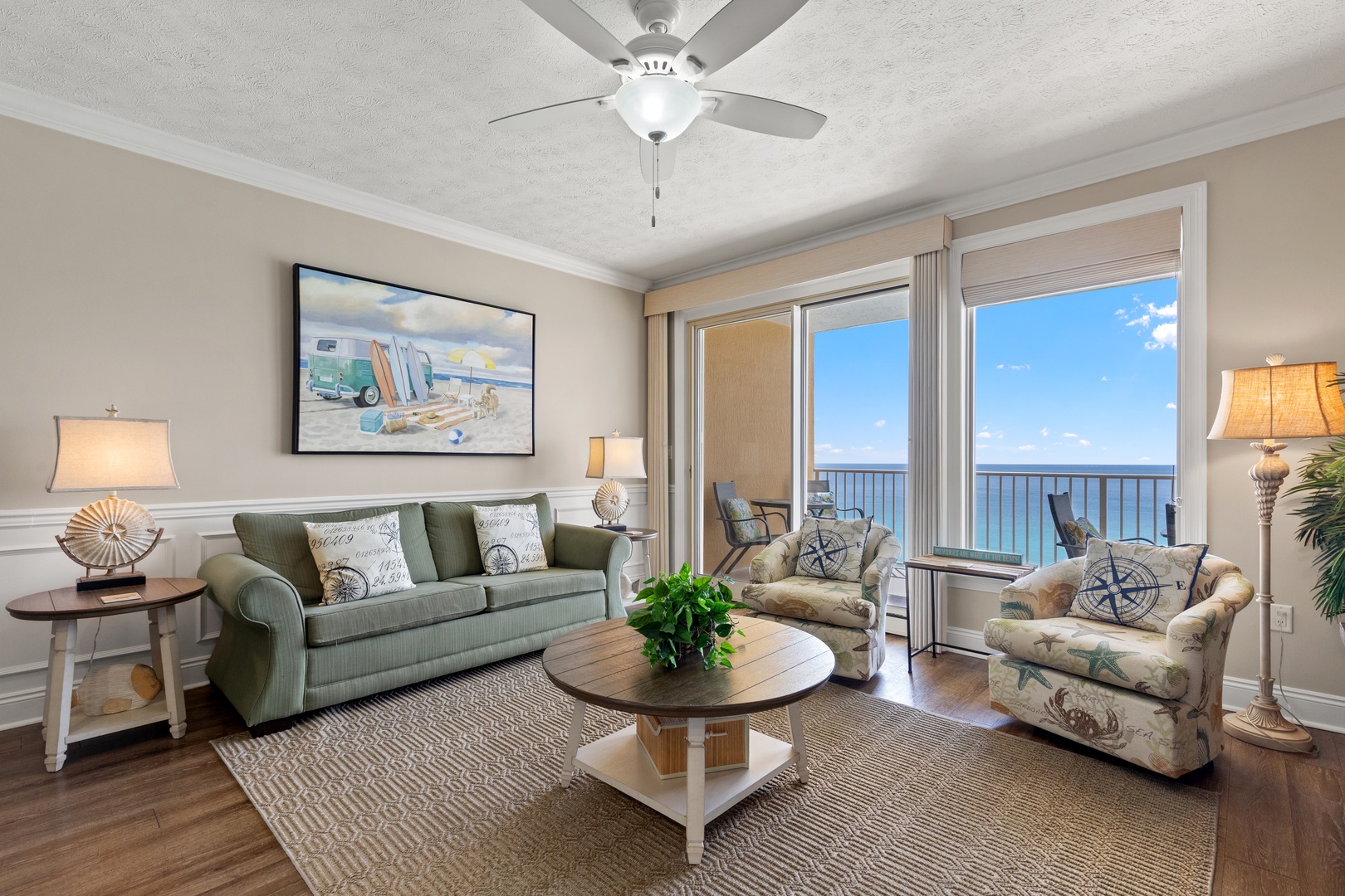 Relax in your coastal living room with stunning ocean views, comfortable seating, and nautical touches that make you feel right at home.