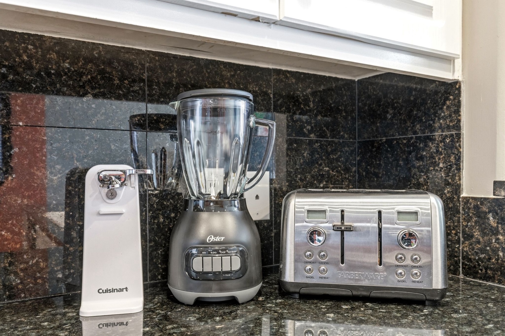 Your kitchen comes equipped with premium appliances including a Cuisinart can opener, Oster blender, and 4-slice toaster for effortless meal prep.