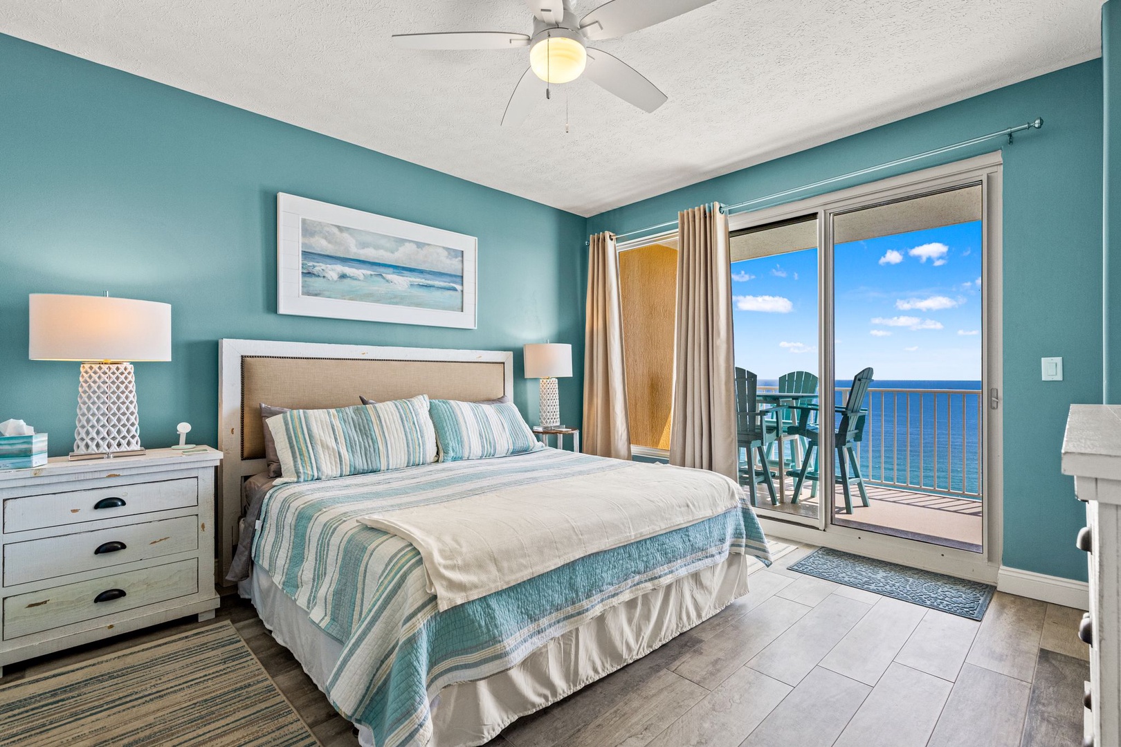Drift off in coastal comfort with soothing turquoise tones and breathtaking ocean views right from your bed. Step onto your private balcony and feel the sea breeze.
