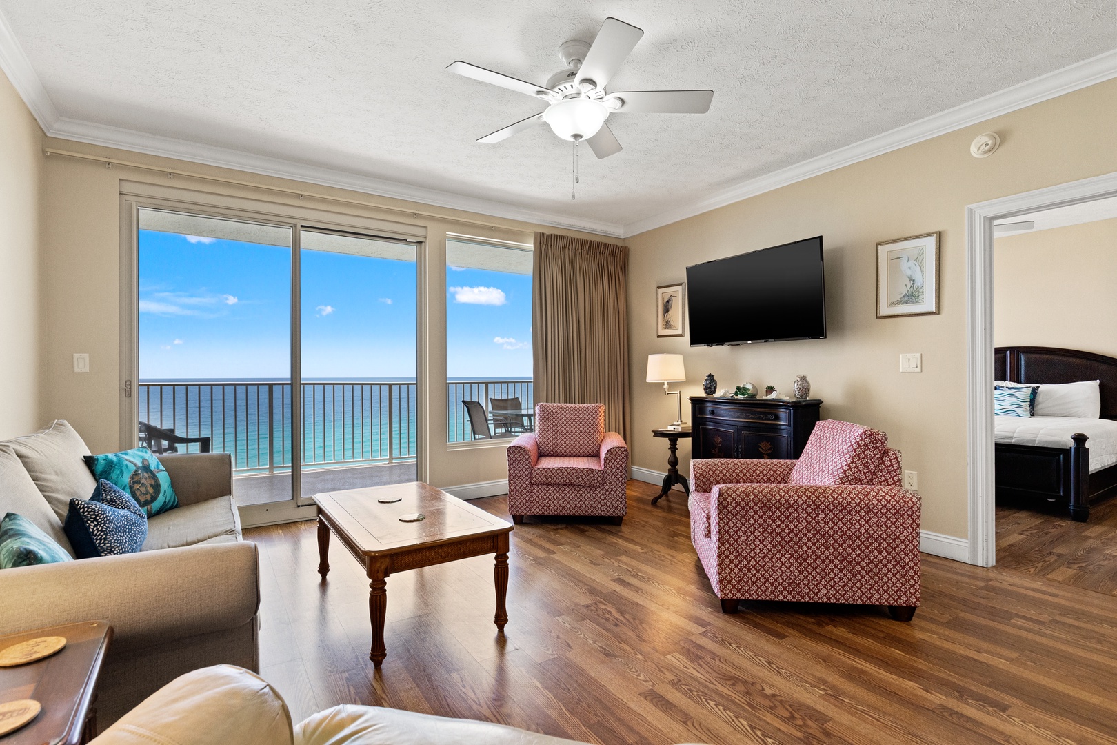 Wake up to stunning oceanfront views from your spacious living room. Step onto your private balcony and feel the sea breeze as you sip morning coffee overlooking the water.