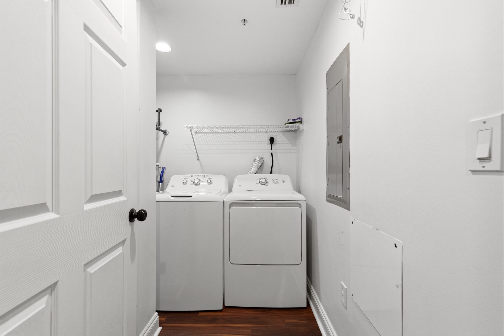 Your dedicated laundry room features full-size washer and dryer with shelving for convenient clean-up during your stay.