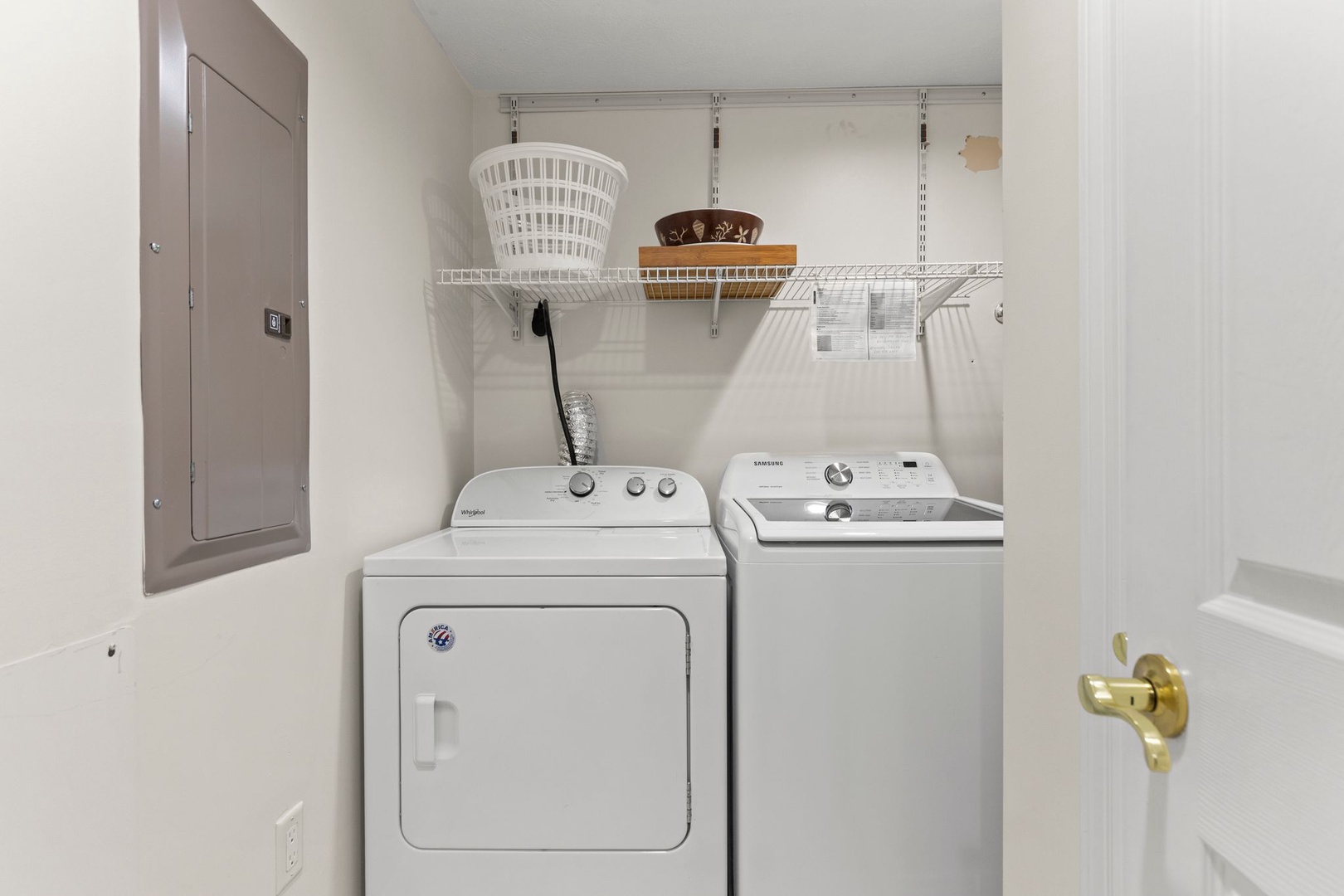 Your private laundry room keeps your wardrobe fresh throughout your stay, with a full-size washer and dryer plus convenient storage shelving for all your essentials.