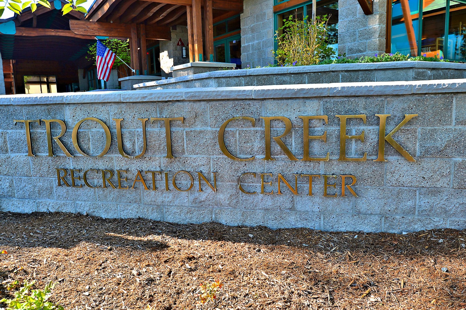 Wall with the name Trout Creek Recreation Center.: Mountaintop Tahoe Donner Getaway
