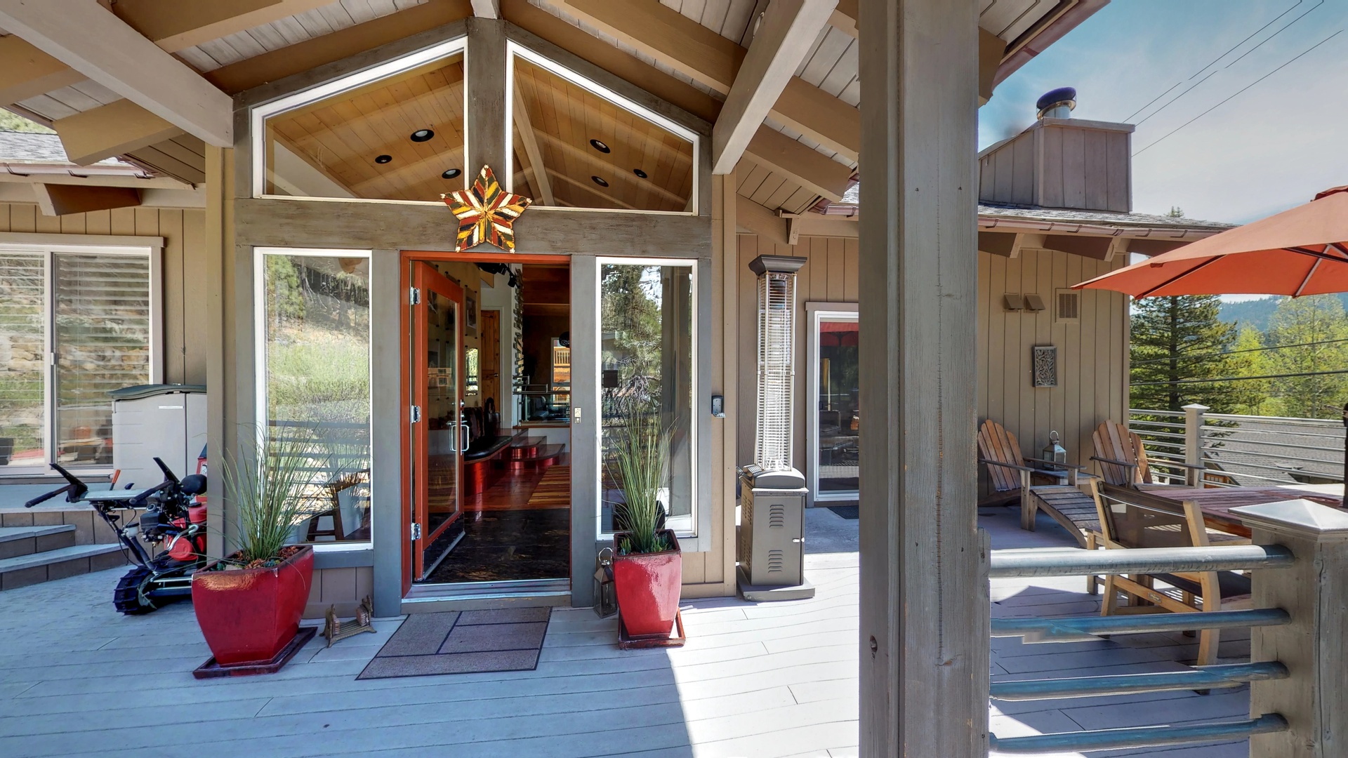 Patio and seating areas at this squaw valley rental: Eagle's Nest Lodge
