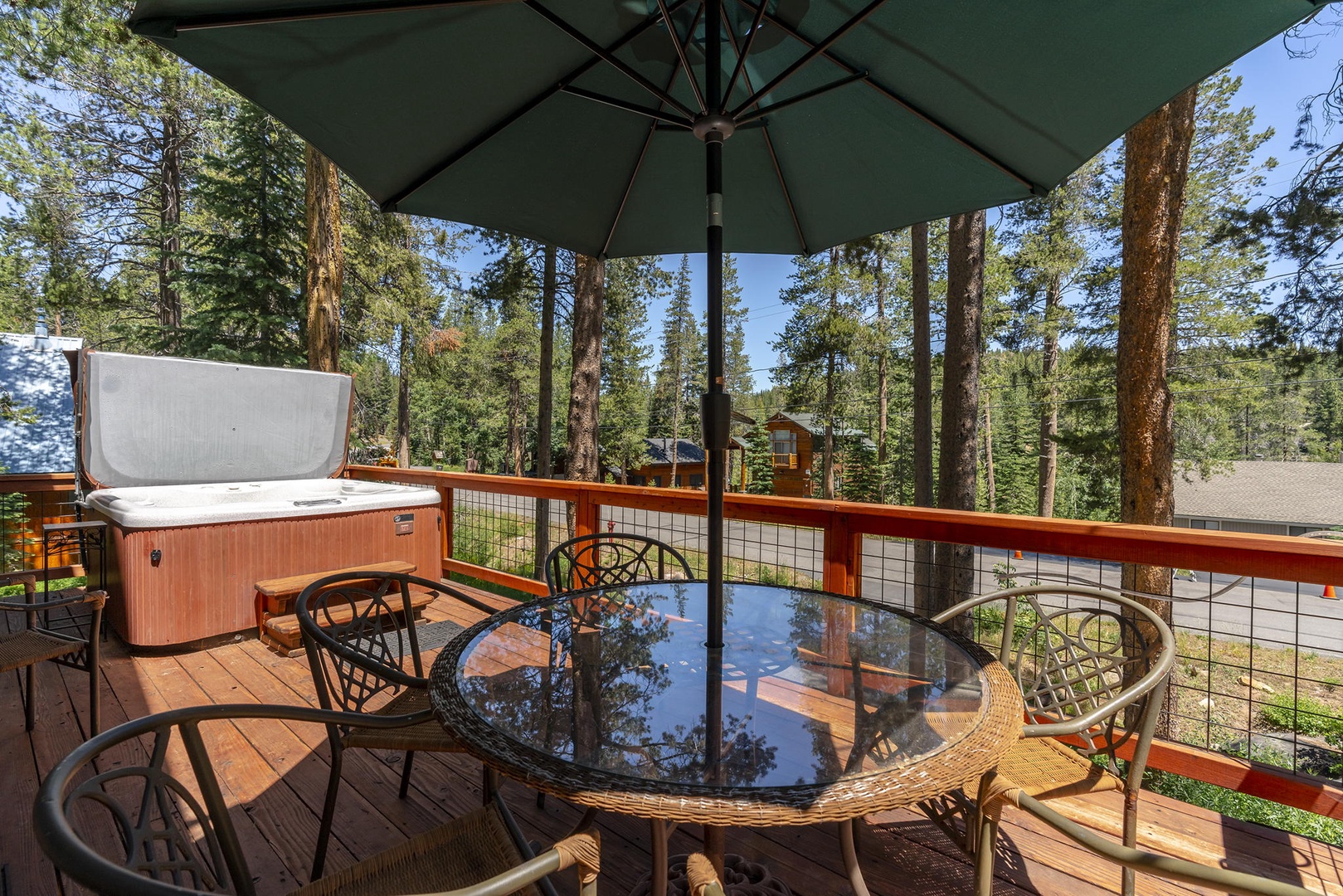 Front patio lounge area: Tahoe Donner Creek Side Retreat with Hot Tub