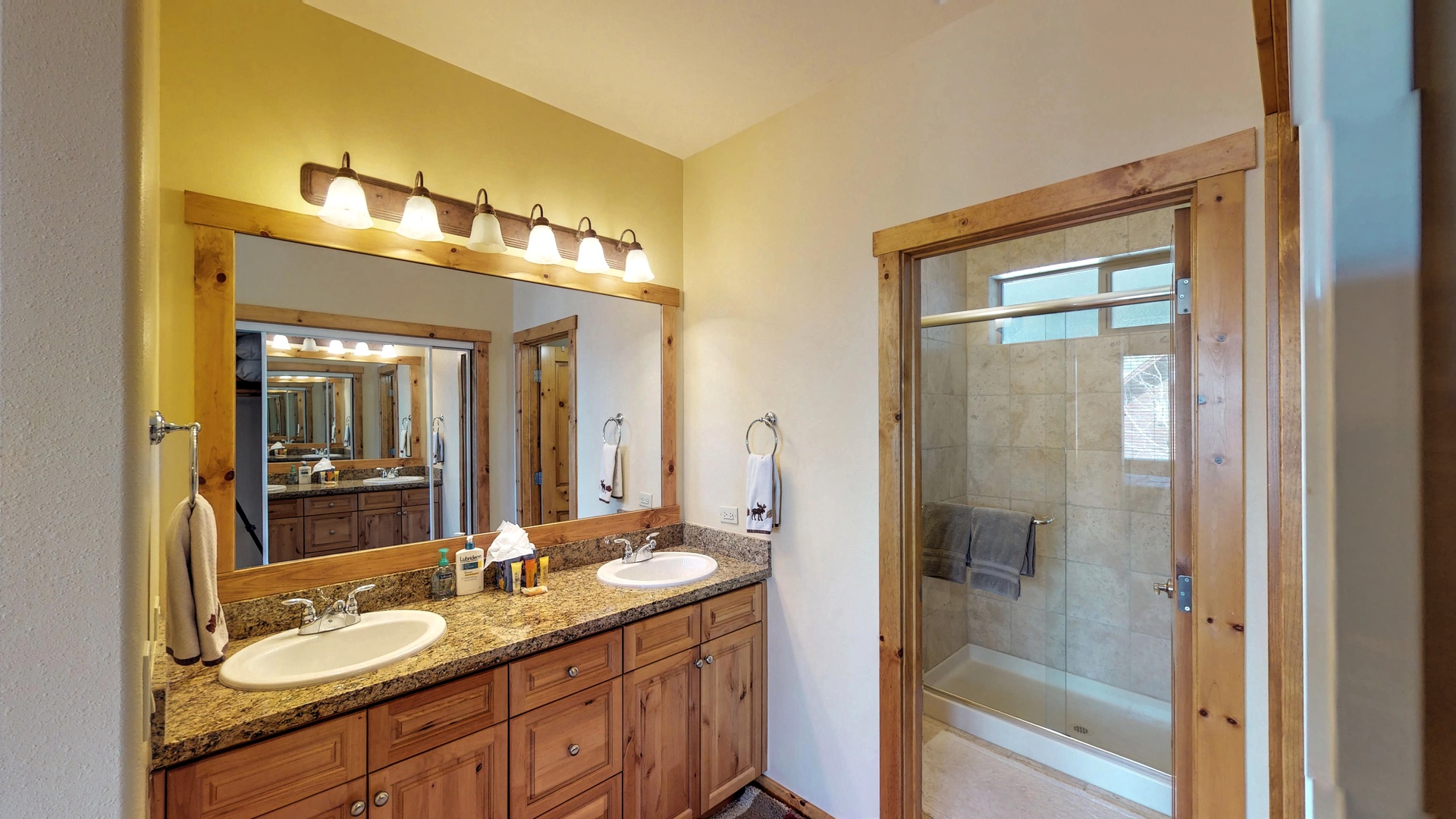 Bathroom with walk in shower: Truckee Cinnabar Vacation Retreat