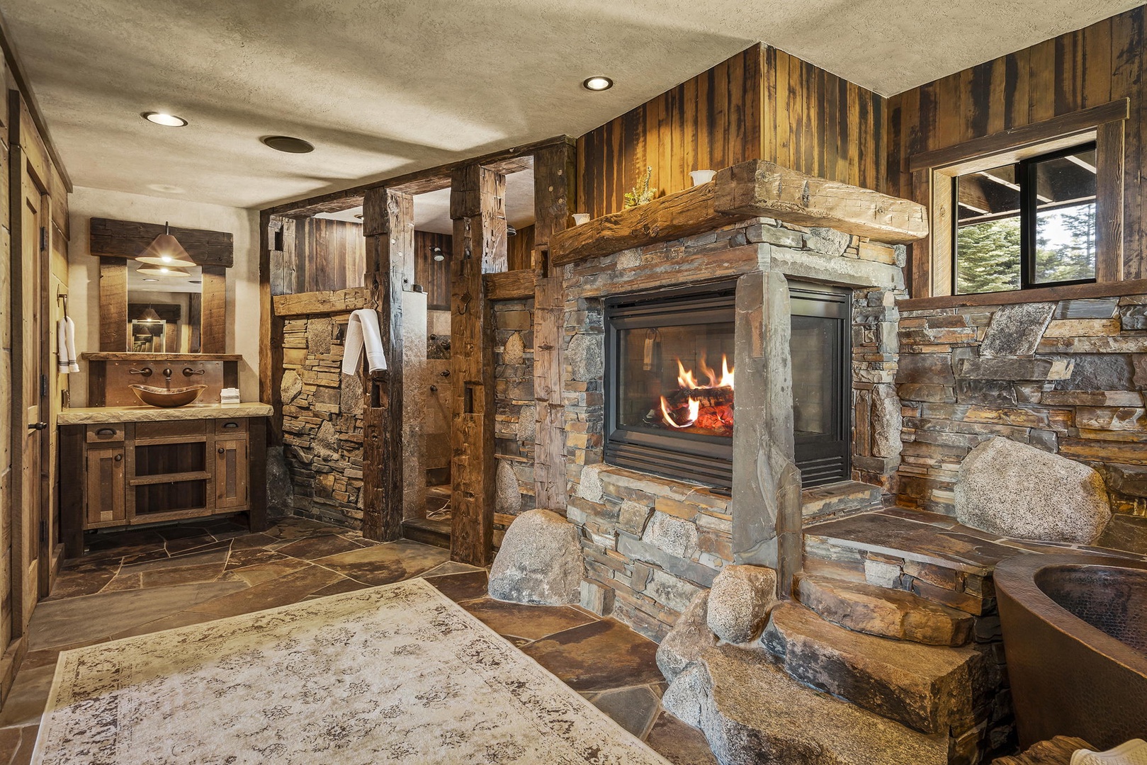Master Bathroom with gas fireplace: Lakeview Mountaintop Chateau