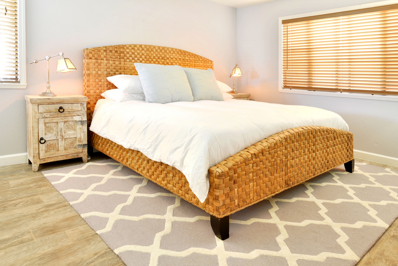 Master bedroom has a king bed and has a beautiful and peaceful decor.