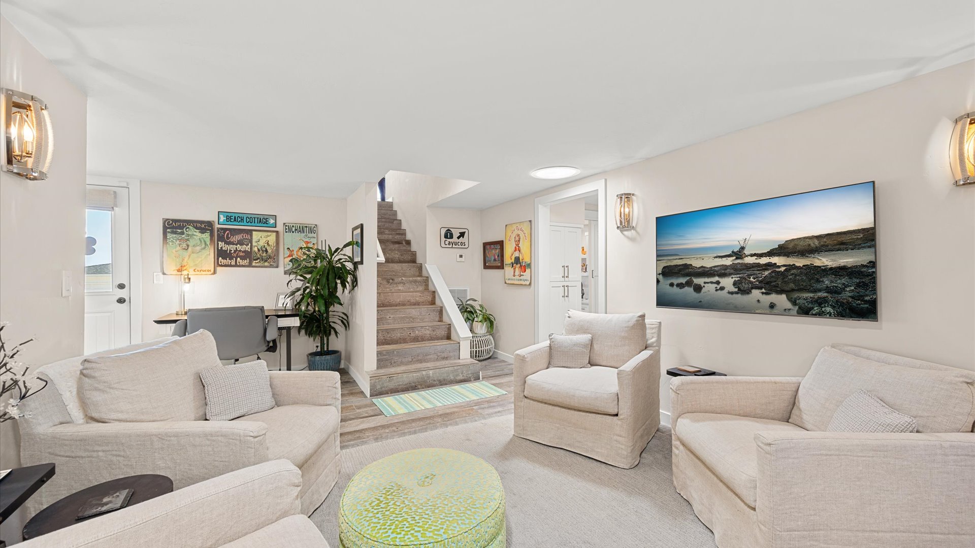 Downstairs is a true relaxation retreat with multiple spaces for the group to spread out