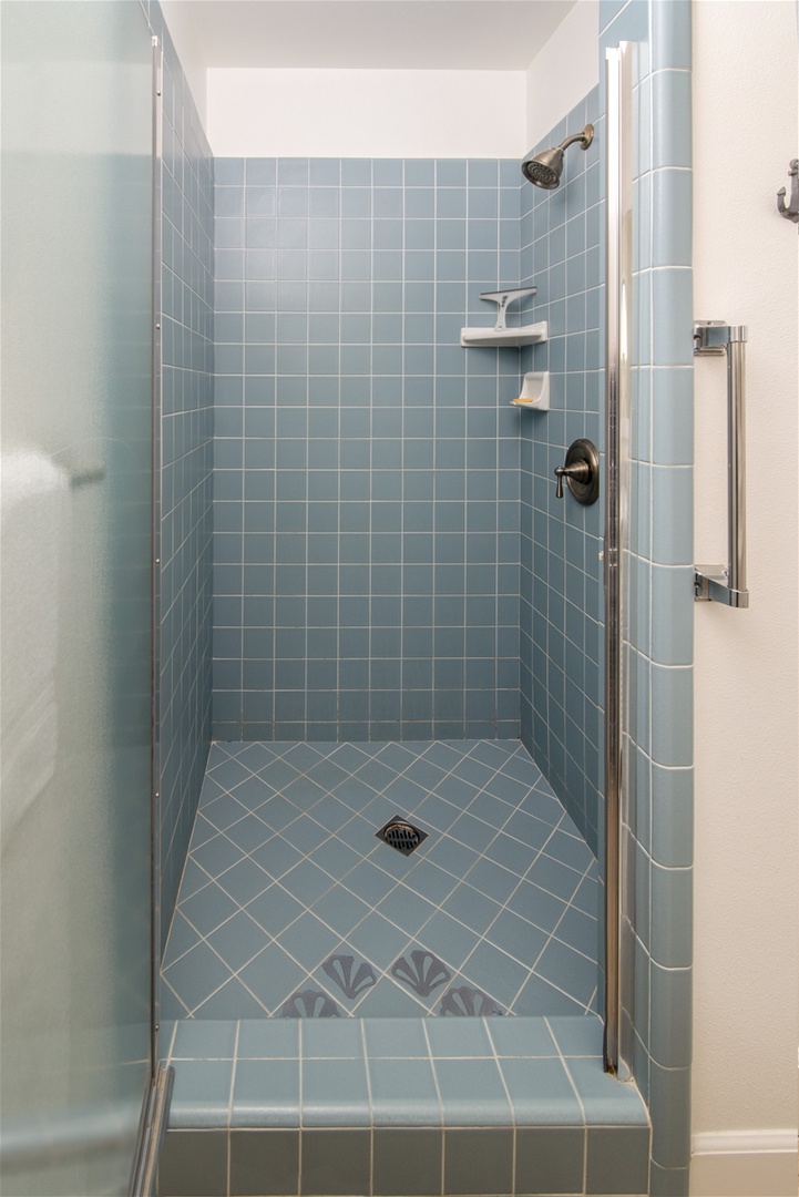 Nicely tiled step in shower.