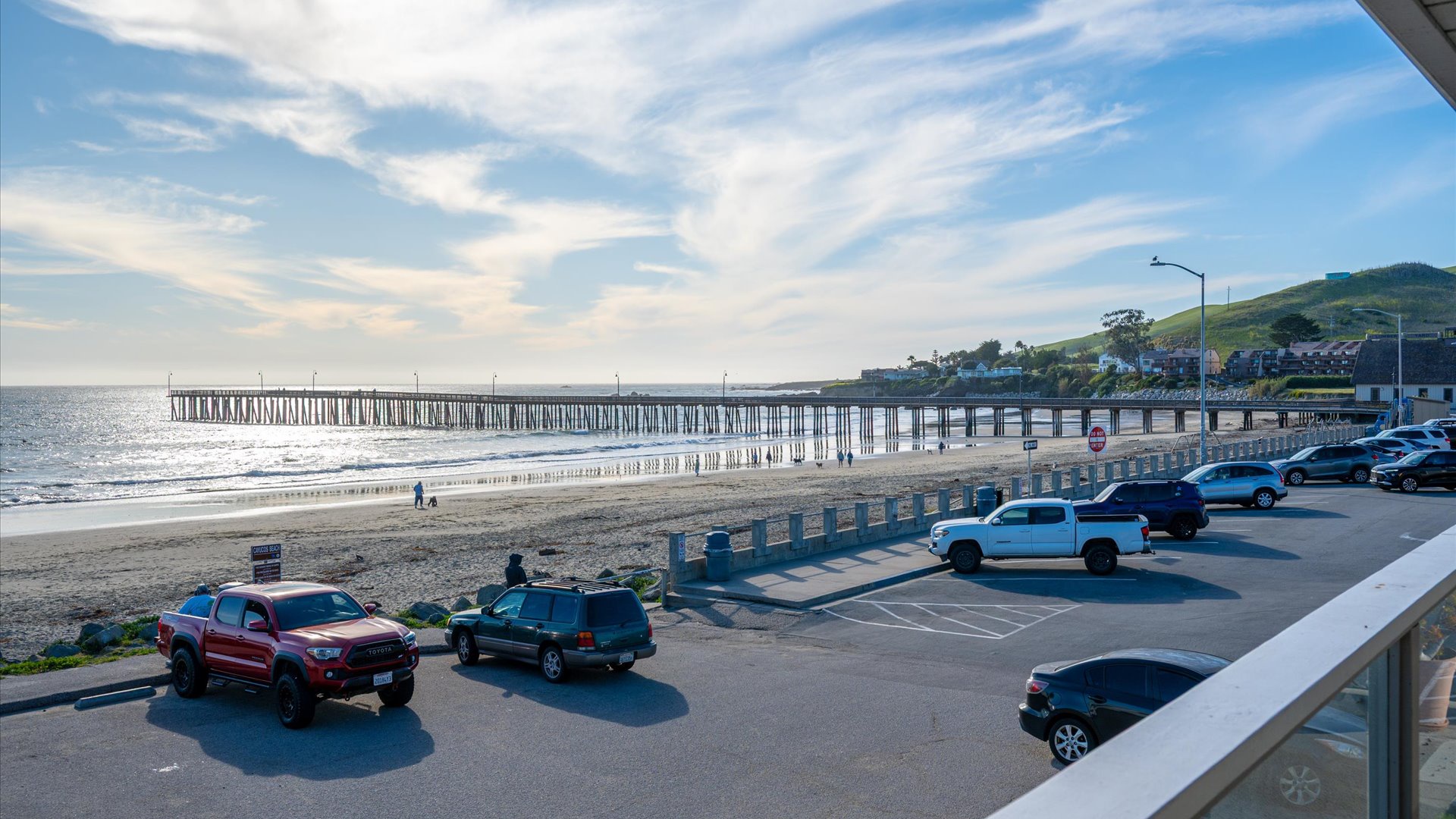 Beachfront balcony view, overlooks the beach and iconic Cayucos pier