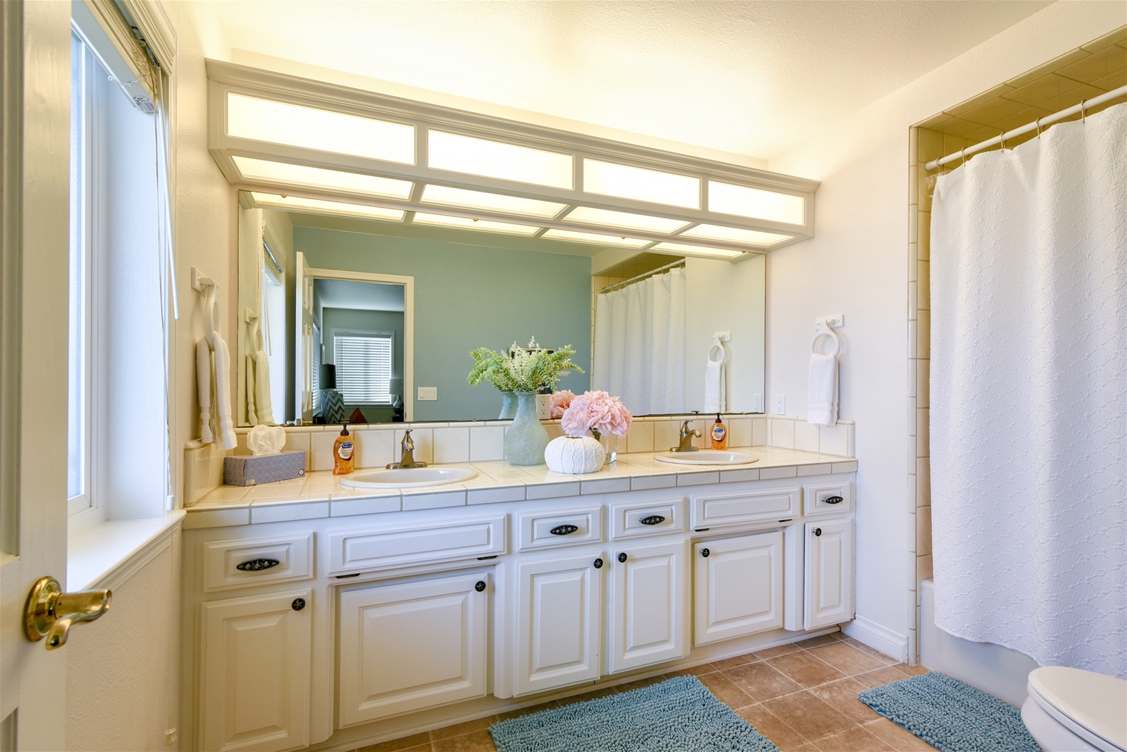 Master bath has double sinks and a tub/shower combo.
