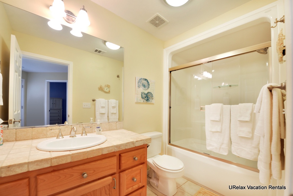 Downstairs bath has a shower/tub combo.
