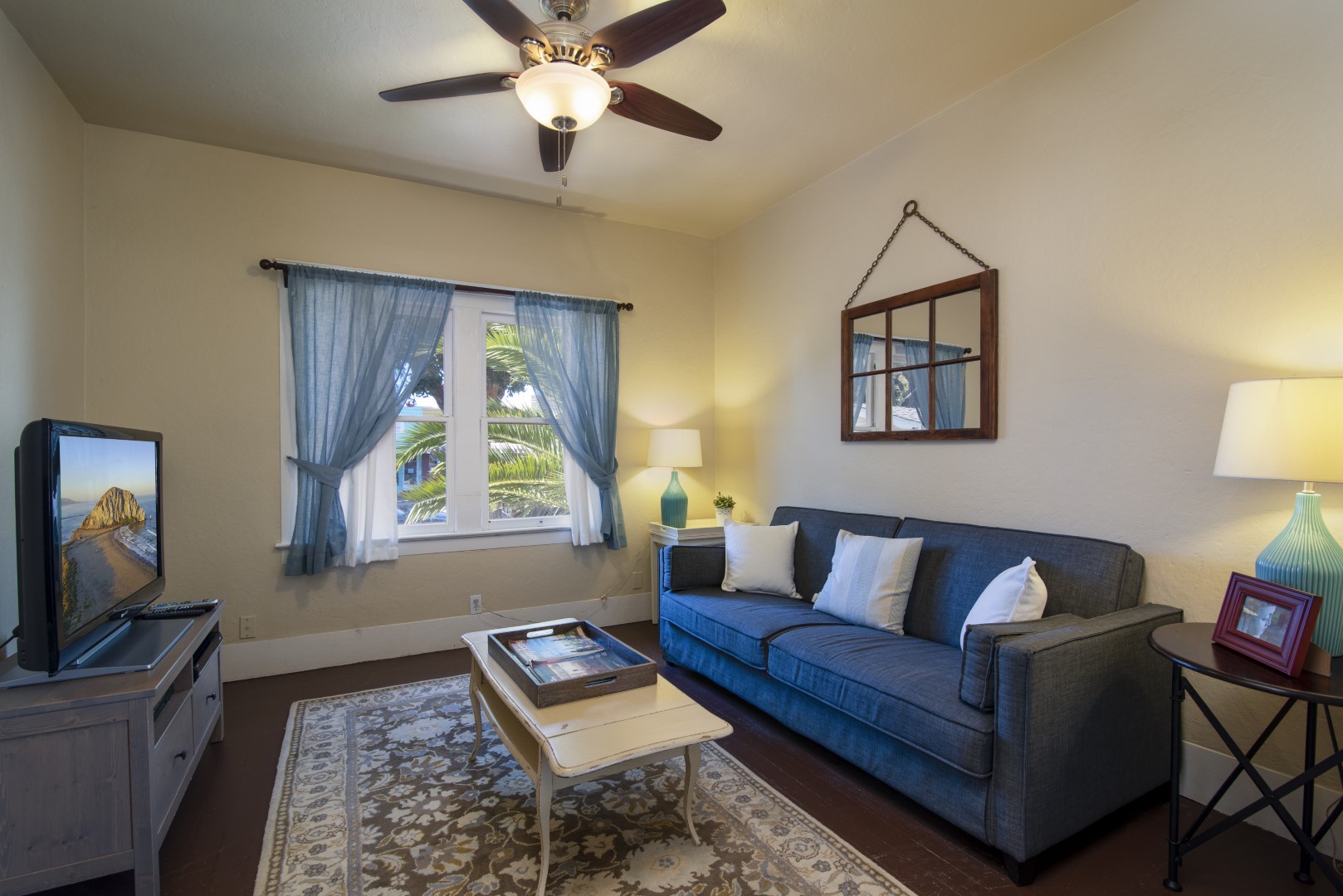 Living room has a sofa bed