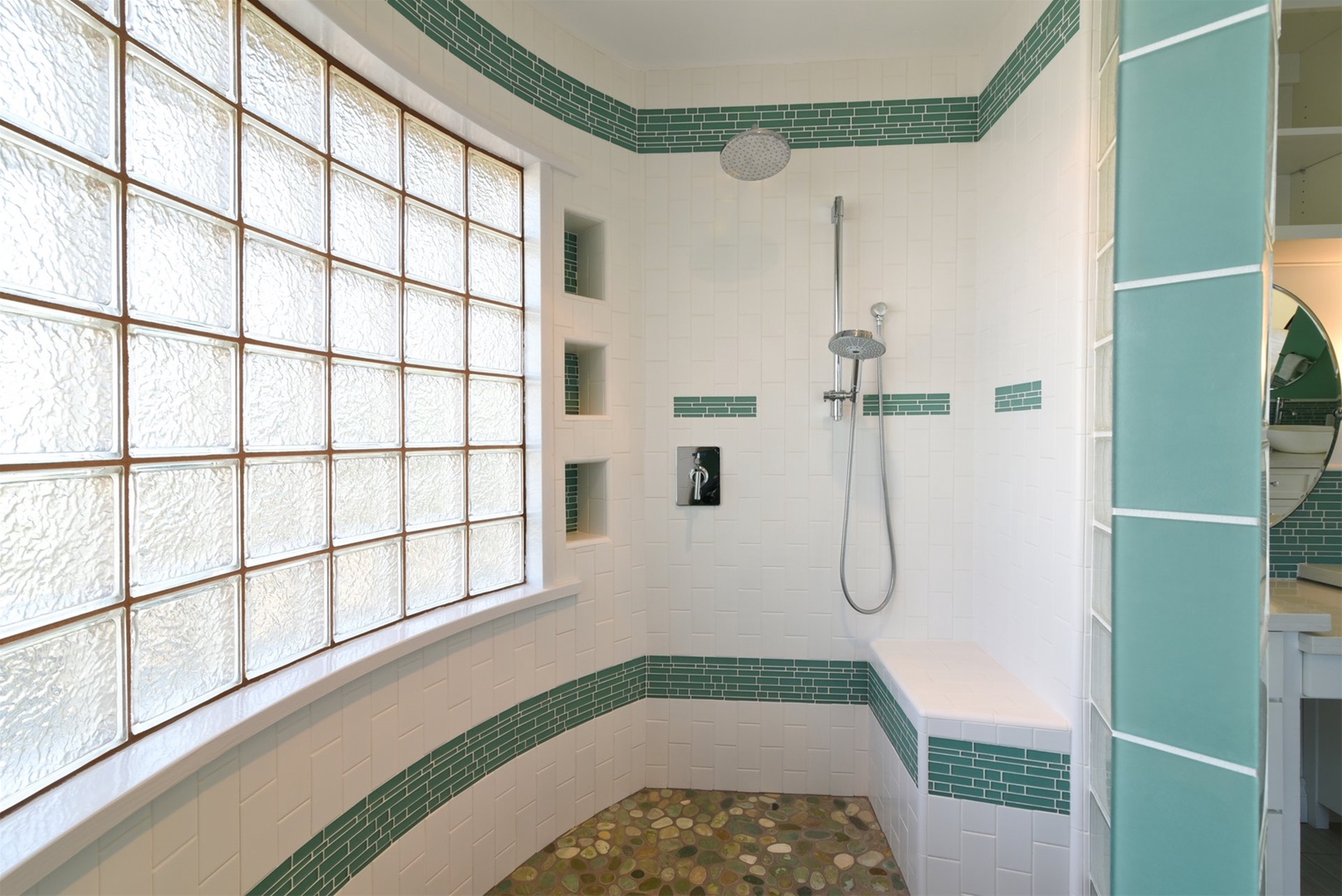 Large beautiful step in shower.