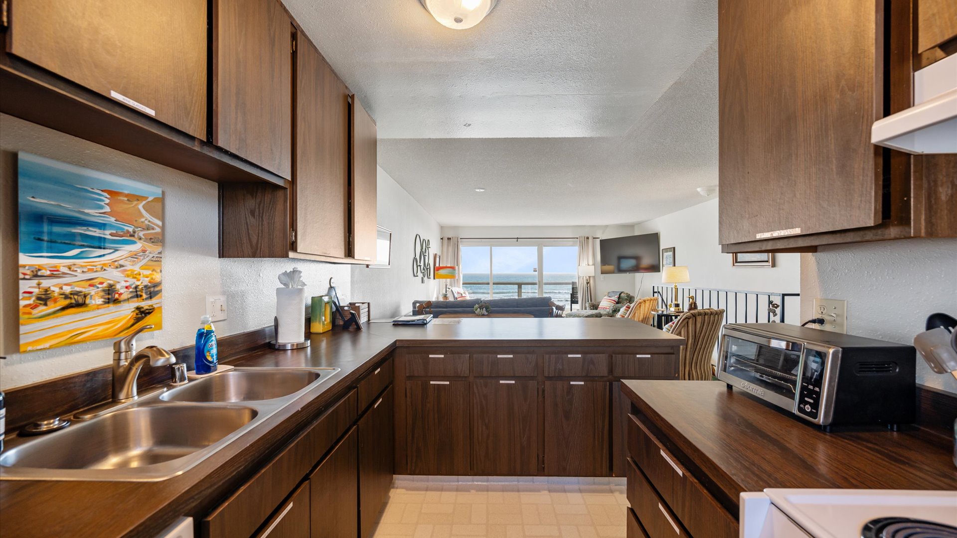 Enjoy peaks of the ocean view while preparing your meal