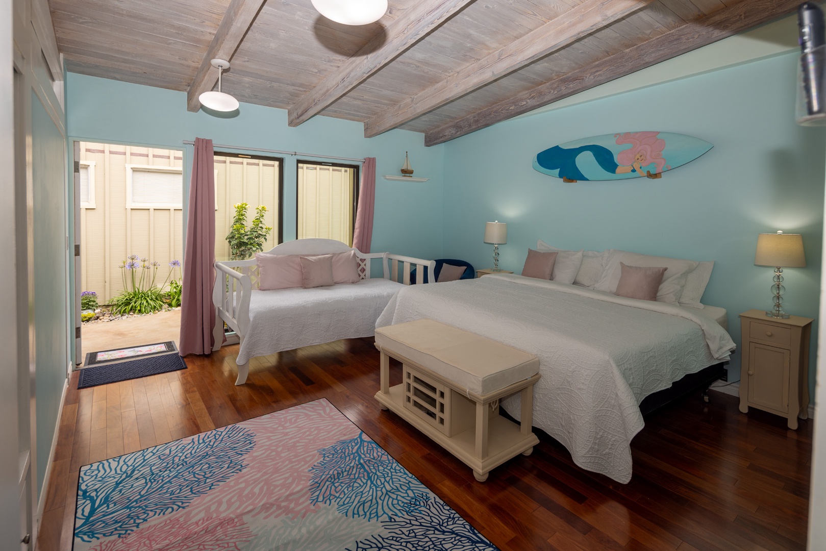 The second bedroom has a king bed and an adjoining bath