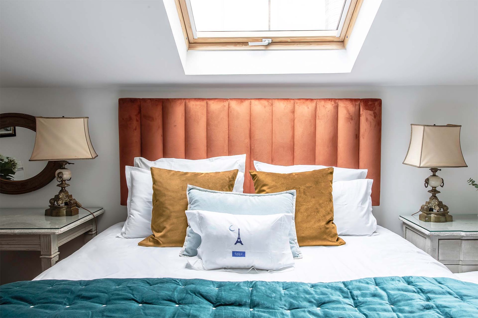 The skylight in the bedroom lets in lots of natural light.