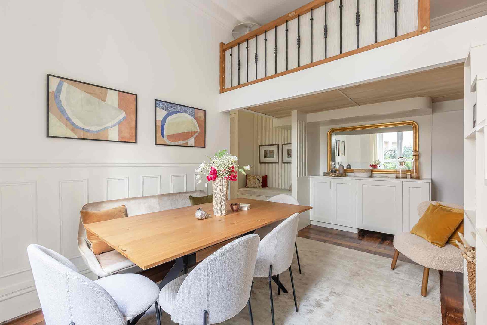 Stylish dining room with comfortable seating.